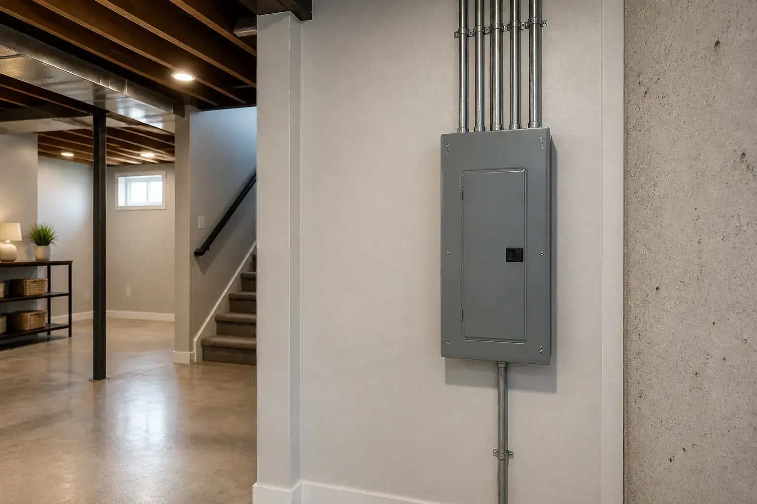Finished basement utility area with upgraded electrical panel