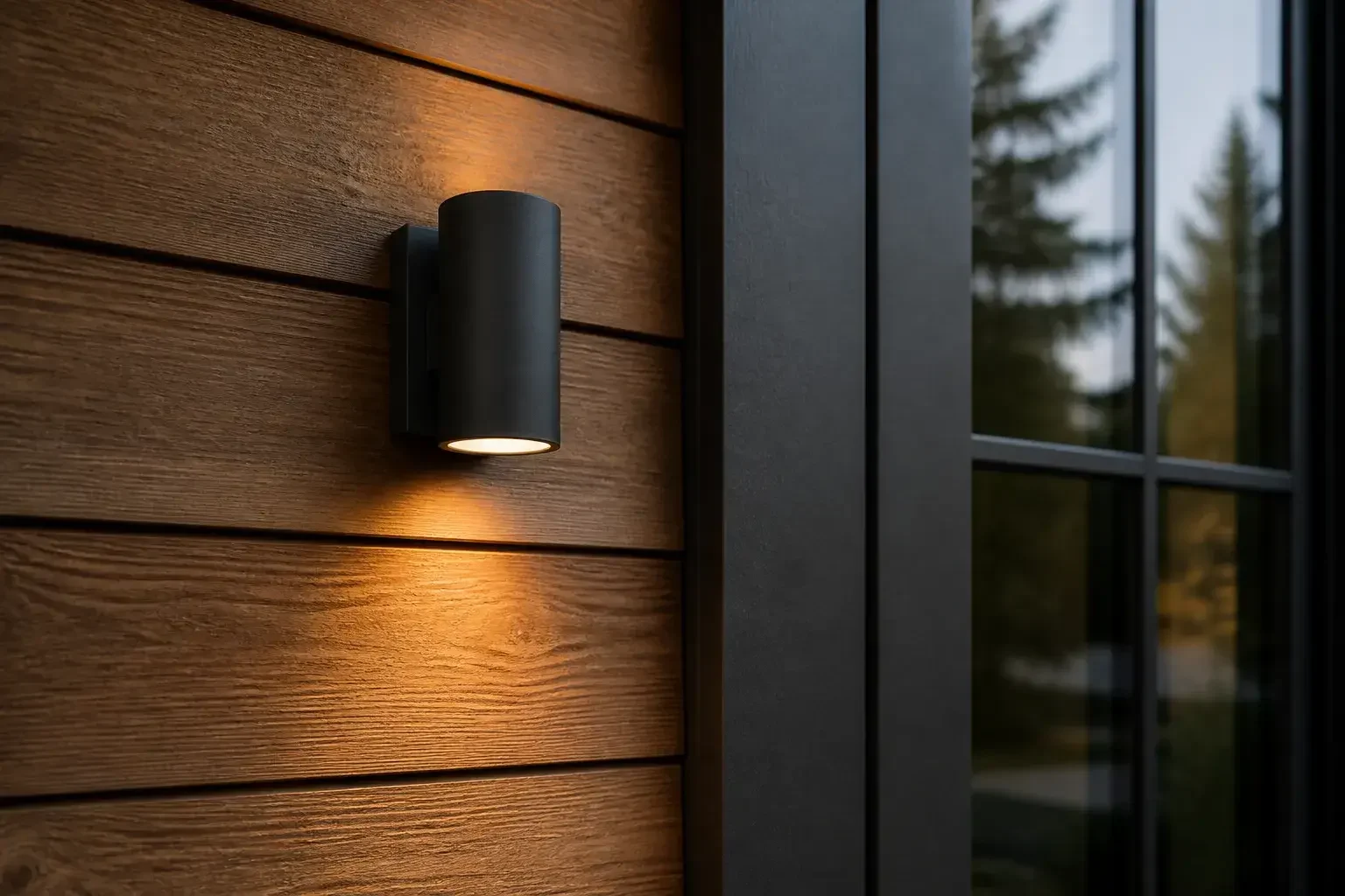 Modern exterior wall light glowing on a home exterior