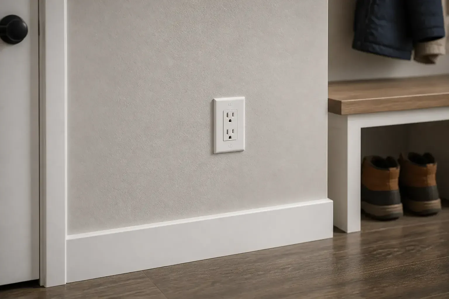 Repaired outlet area in a tidy mudroom