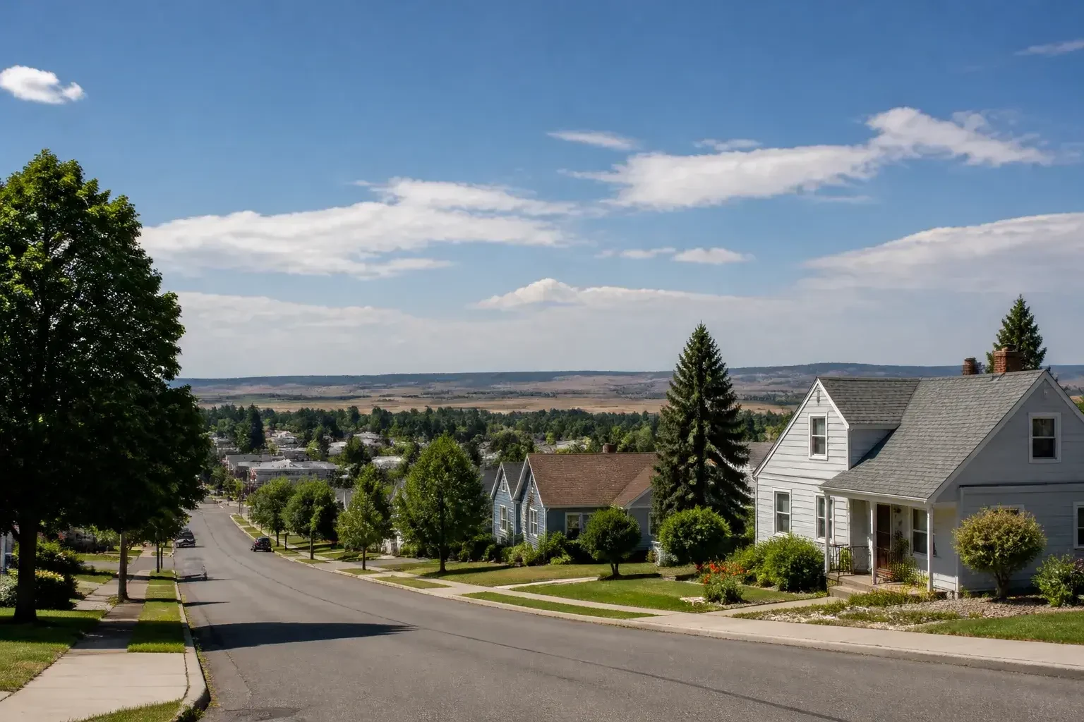 Small-town Cheney street with open skies and homes
