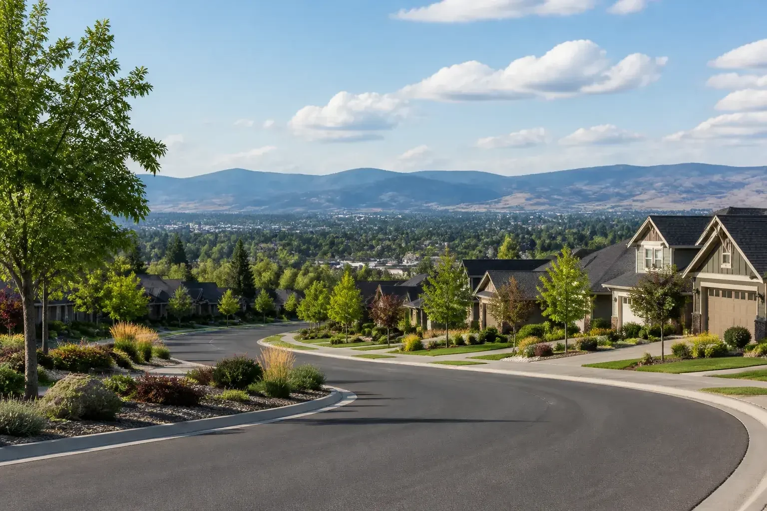 Spokane Valley neighborhood street with foothills in the distance