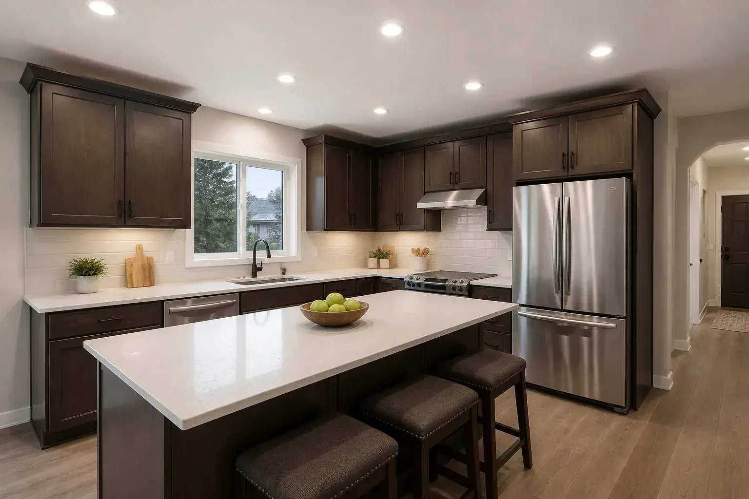 Finished recessed lighting illuminating a kitchen