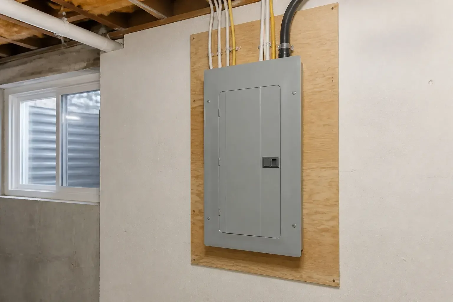 Completed electrical panel upgrade in a utility room