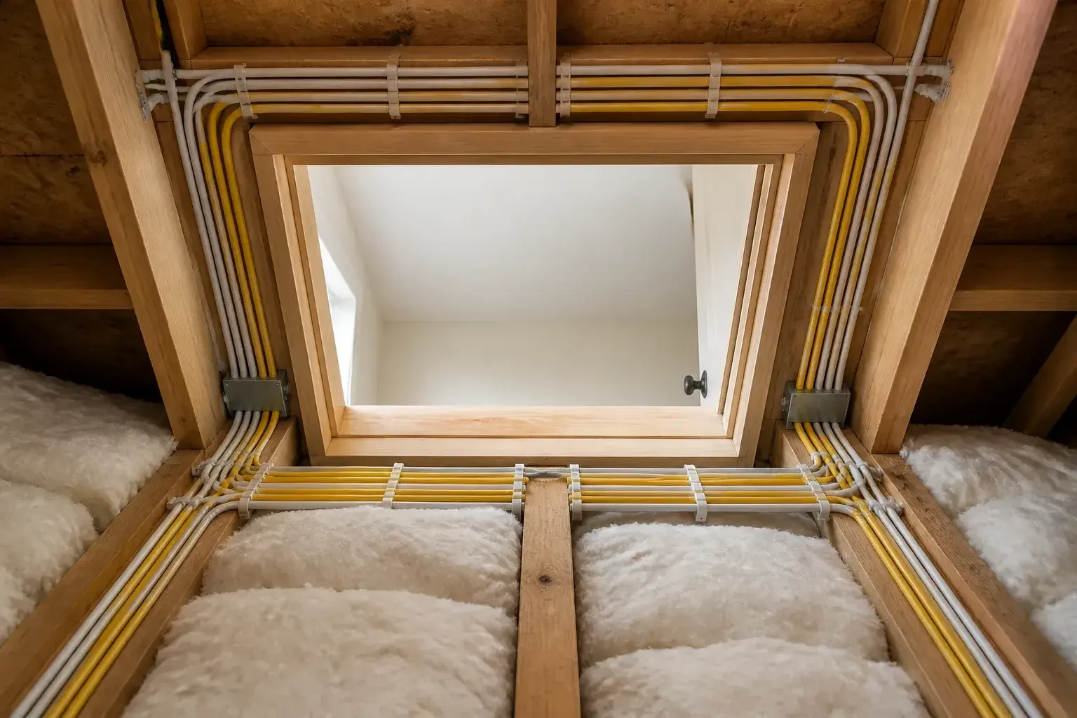 Neatly finished wiring runs in an attic access space